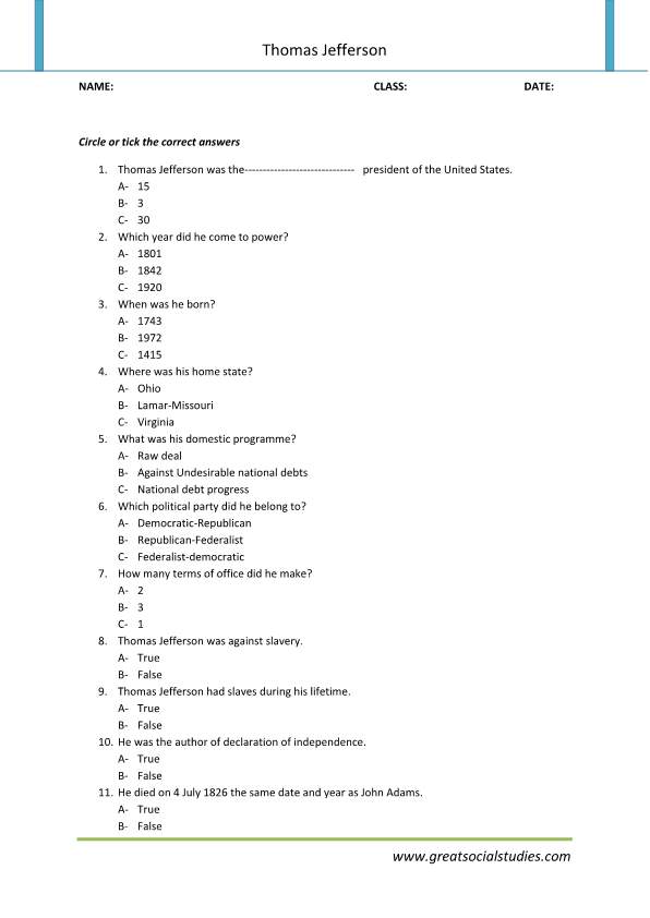 Biography of Thomas Jefferson, educational worksheets, facts about